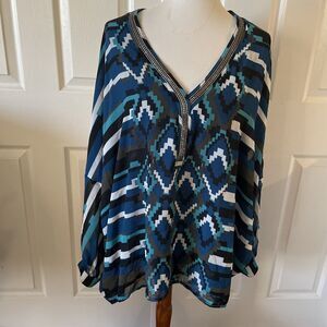 Lane Bryant Womens Tunic Top Plus 18/20 Bling Aztec Stripes Boho Blue Bohemian